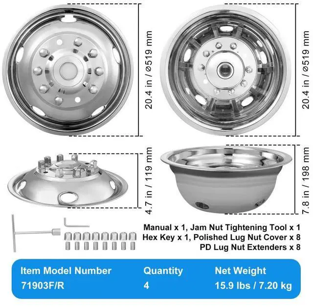 Alt view image 7 of 14 - VEVOR 19.5-inch 10 Lug Wheel Simulators, 304 Stainless Steel Wheel Simulator Kit with Mirror Polished Finish, 2 Front and 2 Rear Wheel Covers Fit for For Ford F450/F550 (2005-2020), 4 pcs