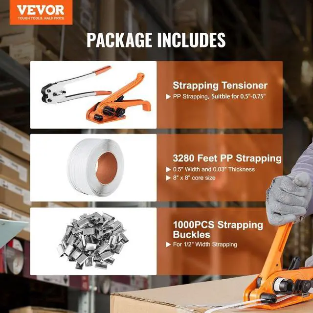 Alt view image 2 of 14 - VEVOR Banding Strapping Kit with Strapping Tensioner Tool, Banding Sealer Tool, 3280 ft Length PP Band, 1000 Metal Seals, Pallet Packaging Strapping Banding Kit Banding Packaging Strapping for Packing