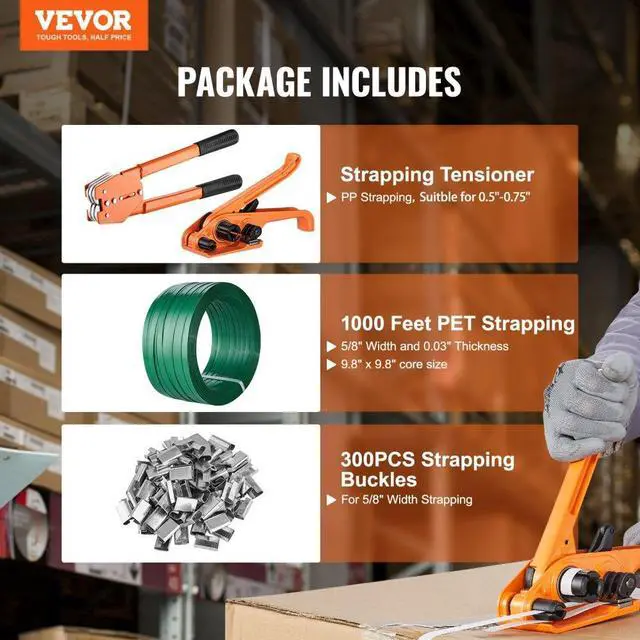 Alt view image 2 of 14 - VEVOR Banding Strapping Kit with Strapping Tensioner Tool, Banding Sealer Tool, 300 Metal Seals, 1000ft Length PET Band, Pallet Packaging Strapping Banding Kit Banding Packaging Strapping for Packing