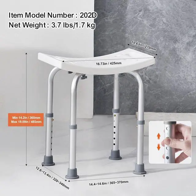 Alt view image 6 of 14 - VEVOR Shower Chair, Adjustable Height Shower Stool with Built-in Handles, Shower Seat for Inside Shower or Tub, Non-Slip Bench Bathtub Stool Seat for Elderly Disabled Handicap, 158.8 kg Capacity