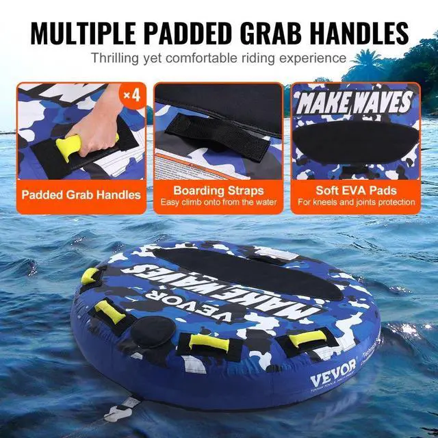 Alt view image 5 of 7 - VEVOR Towable Tube for Boating, 340 lbs, 1-2 Riders Inflatable Boat Tubes and Towables, 51.8" Round Water Sport Towable Tube for Boat to Pull, Full Nylon Cover, EVA Grab Handles and Speed Safety Valve