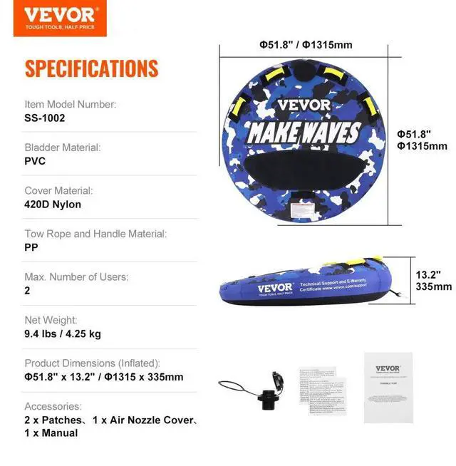 Alt view image 7 of 7 - VEVOR Towable Tube for Boating, 340 lbs, 1-2 Riders Inflatable Boat Tubes and Towables, 51.8" Round Water Sport Towable Tube for Boat to Pull, Full Nylon Cover, EVA Grab Handles and Speed Safety Valve