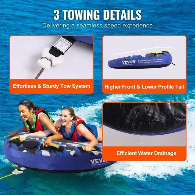 Alt view image 6 of 7 - VEVOR Towable Tube for Boating, 340 lbs, 1-2 Riders Inflatable Boat Tubes and Towables, 51.8" Round Water Sport Towable Tube for Boat to Pull, Full Nylon Cover, EVA Grab Handles and Speed Safety Valve