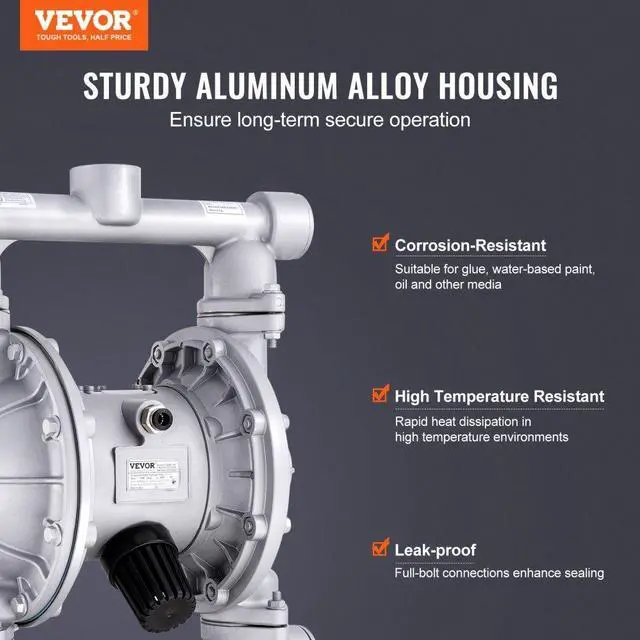 Alt view image 2 of 7 - VEVOR Air Operated Double Diaphragm Pump, 44GPM, Max 115PSI Air Waste Oil Pneumatic Transfer Pump with 2 Extra Diaphragms, 1-1/2 inch Inlet & Outlet Aluminum Alloy Diaphragm Pump for Diesel Grease Oil