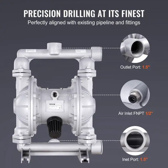 Alt view image 4 of 7 - VEVOR Air Operated Double Diaphragm Pump, 44GPM, Max 115PSI Air Waste Oil Pneumatic Transfer Pump with 2 Extra Diaphragms, 1-1/2 inch Inlet & Outlet Aluminum Alloy Diaphragm Pump for Diesel Grease Oil