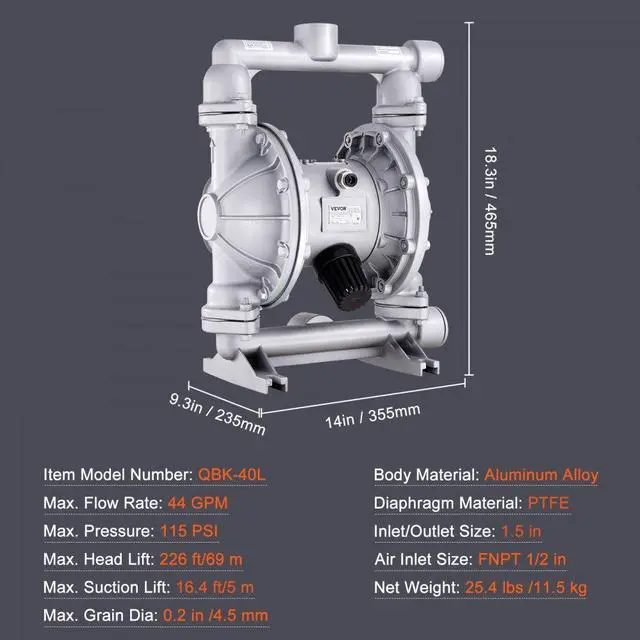 Alt view image 7 of 7 - VEVOR Air Operated Double Diaphragm Pump, 44GPM, Max 115PSI Air Waste Oil Pneumatic Transfer Pump with 2 Extra Diaphragms, 1-1/2 inch Inlet & Outlet Aluminum Alloy Diaphragm Pump for Diesel Grease Oil