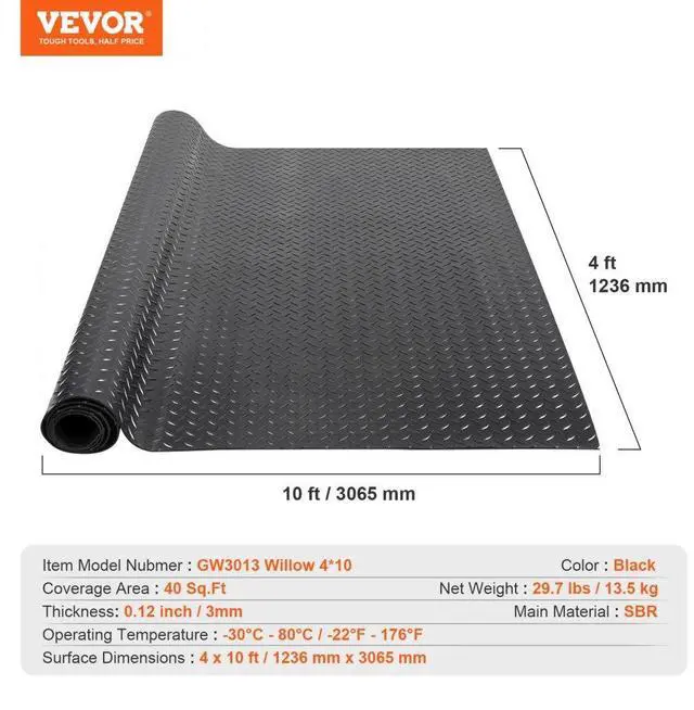 Alt view image 7 of 14 - VEVOR Diamond-Plate Rubber Flooring Roll, 3 mm x 4 ft x 10 ft Garage Floor Mat, SBR Rubber Garage Flooring Roll, Easy to Clean, Diamond Plate Rubber Mat for Under Cars, Garage Industry Gym, Black