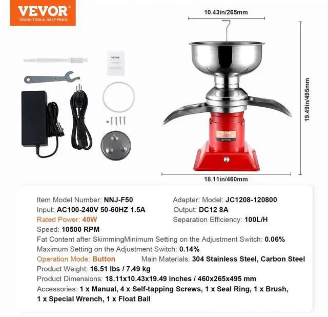 Alt view image 7 of 7 - VEVOR Milk Cream Centrifugal Separator, 304 Stainless Steel Electric Cream Separators, 100L/H Output 10500RPM Goat Milk Separator, 30W Cow Cream Separator, Milk Skimmer with 5L Bowl Capacity, 100-240V