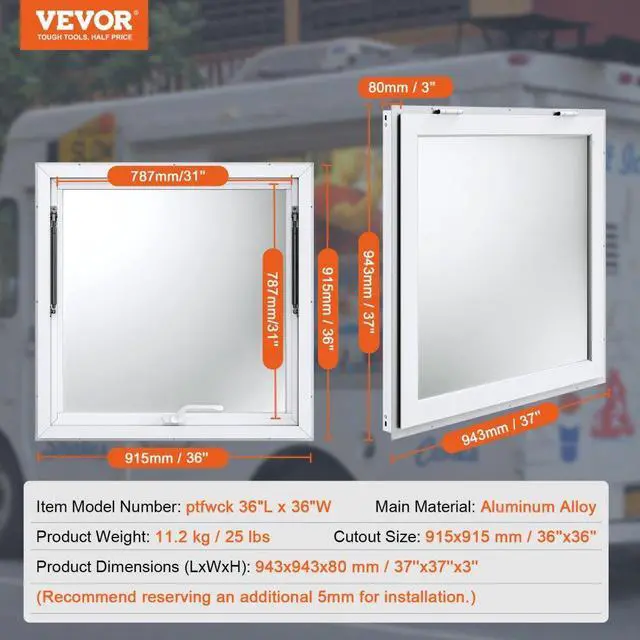 Alt view image 7 of 7 - VEVOR Concession Window 36"x36", Aluminum Alloy Food Truck Service Window with Awning Door & Drag Hook, Up to 85 Degrees Stand Serving Window for Food Trucks Concession Trailers, Glass Not Included