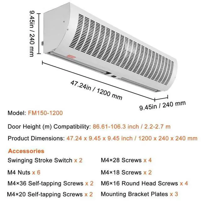 Alt view image 7 of 7 - VEVOR 48" Commercial Indoor Air Curtain Super Power 2 Speeds 1650CFM, Wall Mounted Air Curtains for Doors, Indoor Over Door Fan with Heavy Duty Limit Switch, Easy-Install 110V Unheated