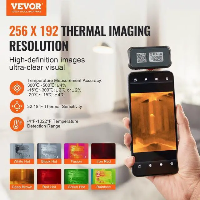 Alt view image 2 of 7 - VEVOR Thermal Imaging Camera for Android, 256 x 192 IR Resolution Infrared Thermal Imager with Visual Camera, 25Hz Refresh Rate Thermal Camera for Smartphone/Tablet, -4-1022°F Temperature Range, IP54