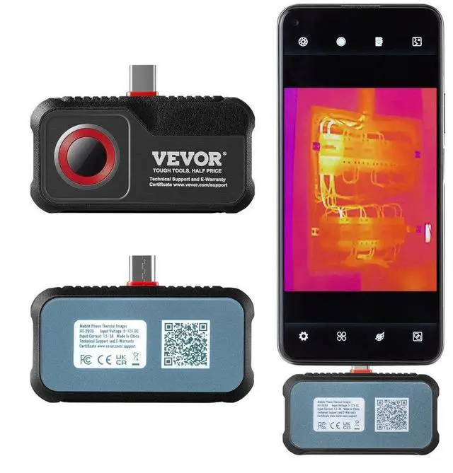 Main image of VEVOR Thermal Imaging Camera for Android, 256 x 192 IR Resolution Infrared Thermal Imager with Visual Camera, 25Hz Refresh Rate Thermal Camera for Smartphone/Tablet, -4-1022°F Temperature Range, IP54