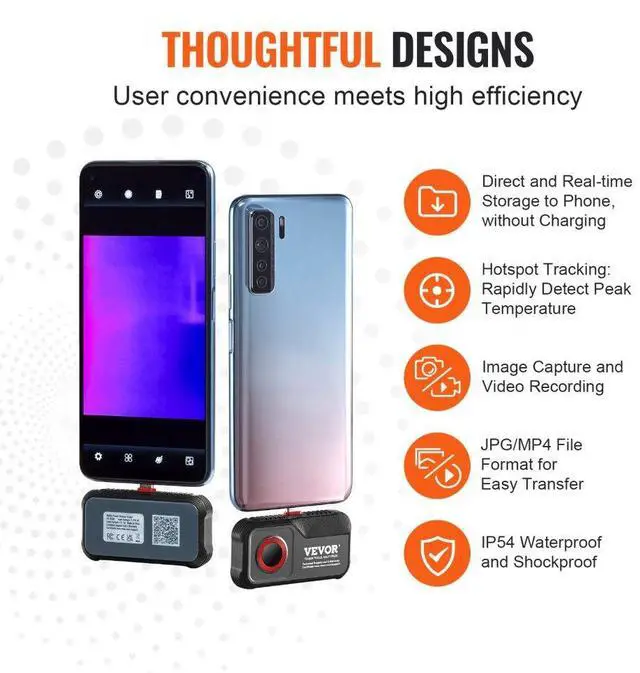 Alt view image 6 of 7 - VEVOR Thermal Imaging Camera for Android, 256 x 192 IR Resolution Infrared Thermal Imager with Visual Camera, 25Hz Refresh Rate Thermal Camera for Smartphone/Tablet, -4-1022°F Temperature Range, IP54
