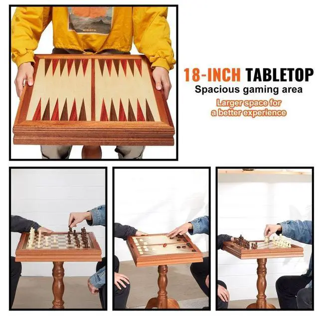 Alt view image 4 of 8 - VEVOR 3-IN-1 Chess Checkers Backgammon Table Set, 18 Inch Premium Wooden Chess Table, Deluxe Combo Game Table Furniture Set, Chess Set Board Game Gift for Family Board Games