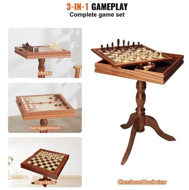 Alt view image 7 of 8 - VEVOR 3-IN-1 Chess Checkers Backgammon Table Set, 18 Inch Premium Wooden Chess Table, Deluxe Combo Game Table Furniture Set, Chess Set Board Game Gift for Family Board Games