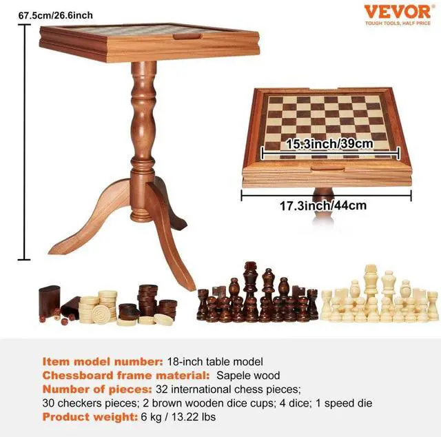 Alt view image 8 of 8 - VEVOR 3-IN-1 Chess Checkers Backgammon Table Set, 18 Inch Premium Wooden Chess Table, Deluxe Combo Game Table Furniture Set, Chess Set Board Game Gift for Family Board Games