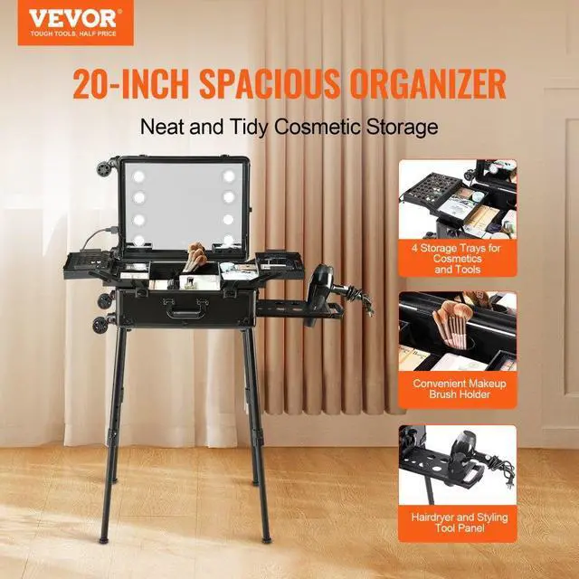 Alt view image 2 of 7 - VEVOR Makeup Train Case with Lock, Lighted Mirror, 4 Storage Trays, Brush Holder, Travel Cosmetic Organizer Box w/ Swivel Wheels, Professional Artist Trolley Studio Free Standing Case