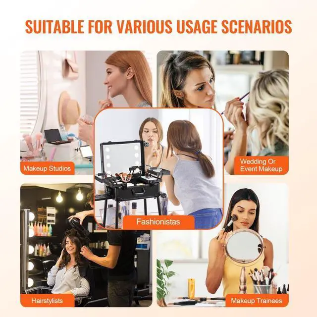 Alt view image 6 of 7 - VEVOR Makeup Train Case with Lock, Lighted Mirror, 4 Storage Trays, Brush Holder, Travel Cosmetic Organizer Box w/ Swivel Wheels, Professional Artist Trolley Studio Free Standing Case