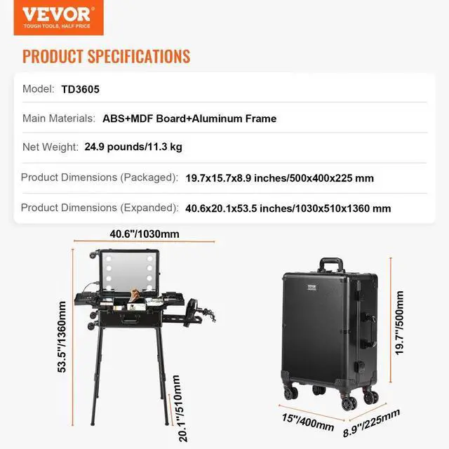 Alt view image 7 of 7 - VEVOR Makeup Train Case with Lock, Lighted Mirror, 4 Storage Trays, Brush Holder, Travel Cosmetic Organizer Box w/ Swivel Wheels, Professional Artist Trolley Studio Free Standing Case