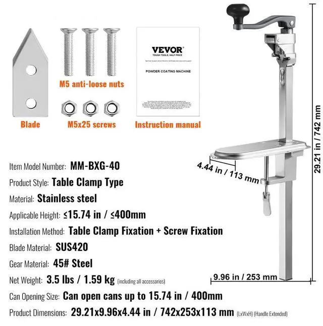 Alt view image 7 of 7 - VEVOR Manual Can Opener, Commercial Table Clamp Opener for Large Cans, Heavy Duty Can Opener with Base, Adjustable Height Industrial Jar Opener For Cans Up to 15.7" Tall, for Restaurant Hotel Home Bar