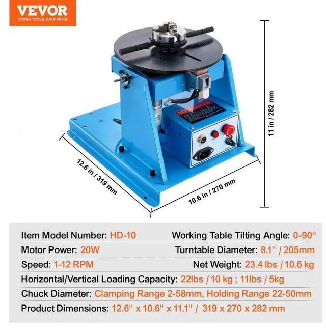 Alt view image 7 of 14 - VEVOR Rotary Welding Positioner 10KG, 0-90° Welding Positioning Turntable Table with 8.1 Inch 3-Jaw Lathe Chuck, 1-12 RPM 20W Portable Welder Positioning Machine for Cutting Grinding Assembly Testing