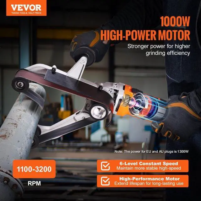 Alt view image 2 of 7 - VEVOR Pipe Tube Polisher Sander, 1000W Pipe Belt Sander with 6 Variable Speeds 1100-3200rpm, Professional Belt Sander Grinding Machine with 3PCS Sanding Belts for Burnishing Finishing Rust Removal