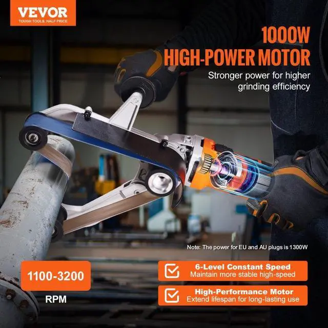 Alt view image 2 of 7 - VEVOR Pipe Tube Polisher Sander, 1000W Pipe Belt Sander with 6 Variable Speeds 1100-3200rpm, Professional Belt Sander Grinding Machine with 100PCS Sanding Belts for Burnishing Finishing Rust Removal