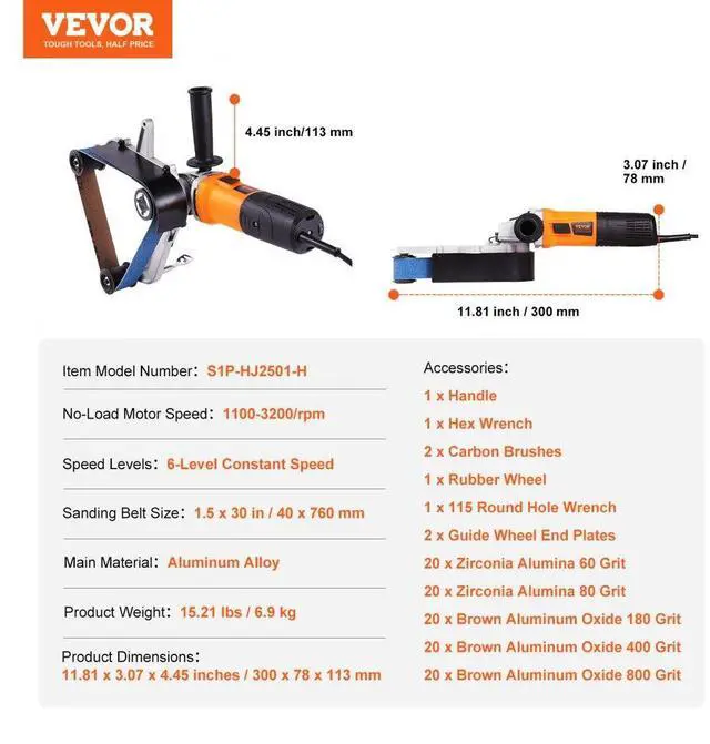 Alt view image 7 of 7 - VEVOR Pipe Tube Polisher Sander, 1000W Pipe Belt Sander with 6 Variable Speeds 1100-3200rpm, Professional Belt Sander Grinding Machine with 100PCS Sanding Belts for Burnishing Finishing Rust Removal