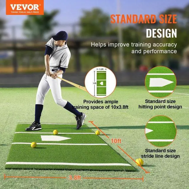 Alt view image 2 of 7 - VEVOR Baseball Softball Hitting Batting Mat, 10' x 3.8' Indoor/Outdoor Softball Mat, Lined & Foam Backing Anti-Slip Anti-Fade Softball Training Aid, Portable Practice Mat with Tightening Rope, Green