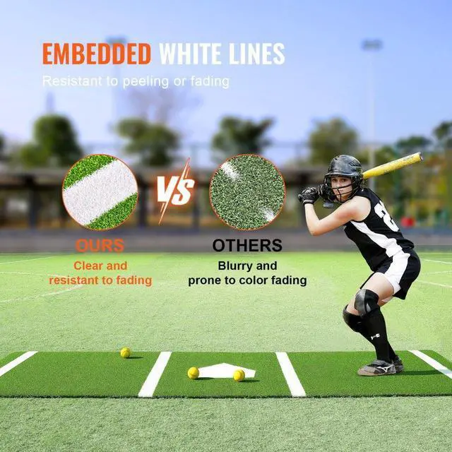 Alt view image 4 of 7 - VEVOR Baseball Softball Hitting Batting Mat, 10' x 3.8' Indoor/Outdoor Softball Mat, Lined & Foam Backing Anti-Slip Anti-Fade Softball Training Aid, Portable Practice Mat with Tightening Rope, Green