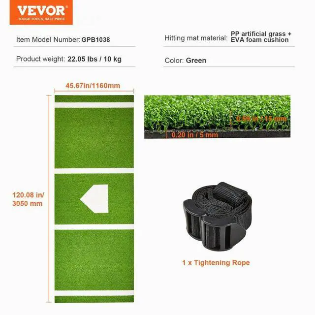 Alt view image 7 of 7 - VEVOR Baseball Softball Hitting Batting Mat, 10' x 3.8' Indoor/Outdoor Softball Mat, Lined & Foam Backing Anti-Slip Anti-Fade Softball Training Aid, Portable Practice Mat with Tightening Rope, Green