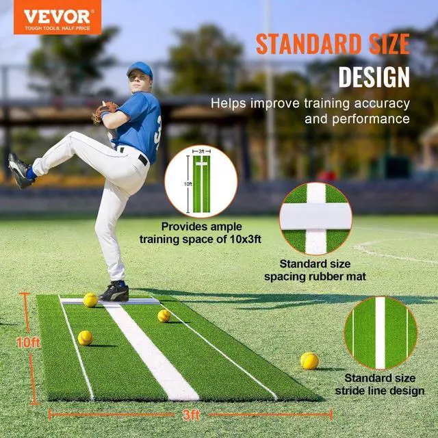 Alt view image 2 of 7 - VEVOR Softball Pitching Mat, 10' x 3' Softball Pitching Mound, Antislip Antifade Rubber Softball Pitching Training Aid, Pitch Practice Mat for Pitchers Indoor Outdoor Pitching Practice, Green