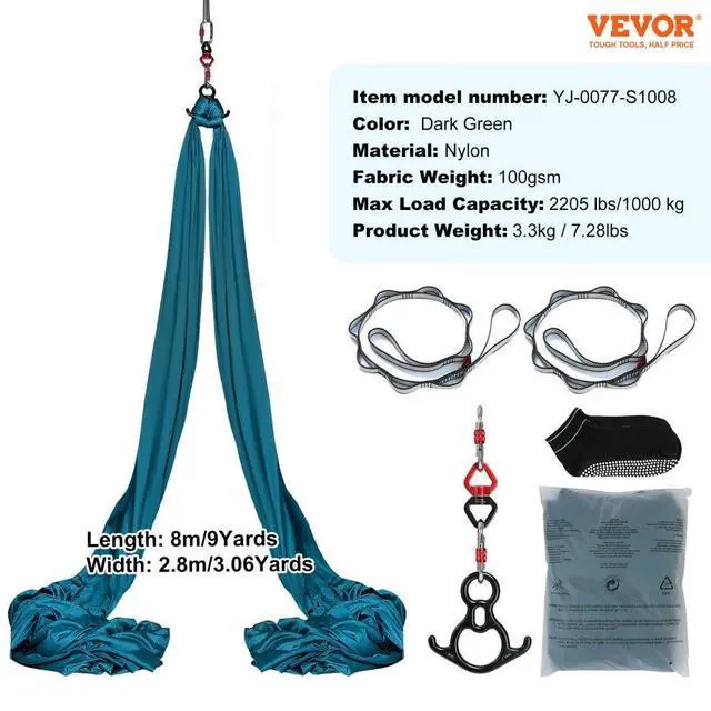 Alt view image 7 of 7 - VEVOR Aerial Silk & Yoga Swing, 8.7 Yards, Aerial Yoga Hammock Kit with 100gsm Nylon Fabric, Full Rigging Hardware & Easy Set-up Guide, Antigravity Flying for All Levels Fitness Bodybuilding, Green