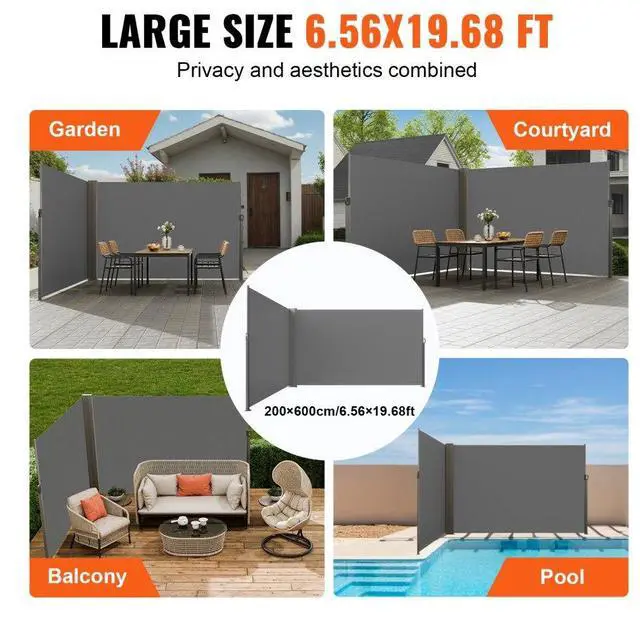 Alt view image 6 of 7 - VEVOR Retractable Side Awning, 79''x 236'' Outdoor Privacy Screen, 180g Polyester Water-proof Retractable Patio Screen, UV 30+ Room Divider Wind Screen for Patio, Backyard, Balcony, Gray