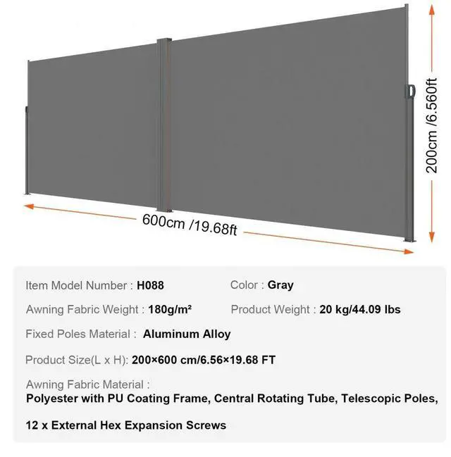 Alt view image 7 of 7 - VEVOR Retractable Side Awning, 79''x 236'' Outdoor Privacy Screen, 180g Polyester Water-proof Retractable Patio Screen, UV 30+ Room Divider Wind Screen for Patio, Backyard, Balcony, Gray
