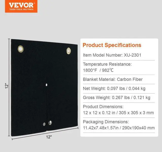 Alt view image 7 of 7 - VEVOR Welding Blanket, 12" x 12" Carbon Fiber Heat Shield Welding Mat, Up To 1800°F Heat Resistant, Flame Protector Pad Plumbing Hole Propane Torch, Soldering Pad with Metal Grommets for Copper Pipe