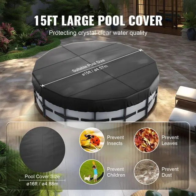Alt view image 3 of 7 - VEVOR 15 Ft Round Pool Cover, Solar Covers for Above Ground Pools, Safety Pool Cover with Drawstring Design, 420D Oxford Fabric Summer Pool Cover, Waterproof and Dustproof, Black