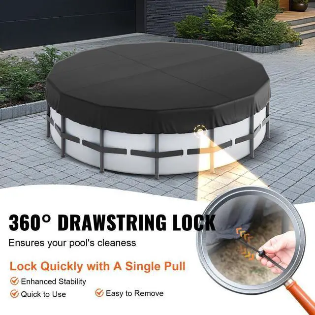 Alt view image 5 of 7 - VEVOR 15 Ft Round Pool Cover, Solar Covers for Above Ground Pools, Safety Pool Cover with Drawstring Design, 420D Oxford Fabric Summer Pool Cover, Waterproof and Dustproof, Black