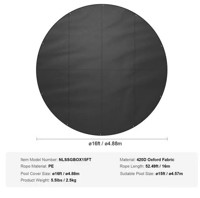 Alt view image 7 of 7 - VEVOR 15 Ft Round Pool Cover, Solar Covers for Above Ground Pools, Safety Pool Cover with Drawstring Design, 420D Oxford Fabric Summer Pool Cover, Waterproof and Dustproof, Black