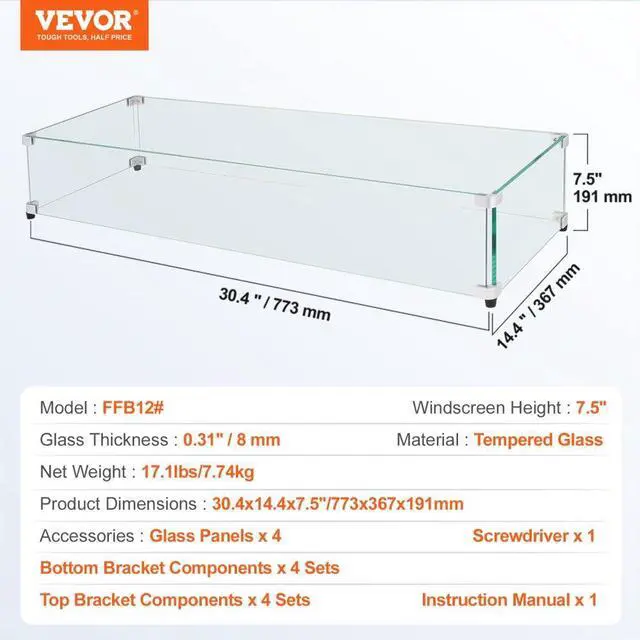 Alt view image 7 of 7 - VEVOR Glass Wind Guard for Rectangular Fire Pit Table 30 x 14 x 7.5 Inch, 0.31 inch Thick and Sturdy Tempered Glass Panel with Hard Aluminum Corner Bracket & Rubber Feet, Easy to Assemble