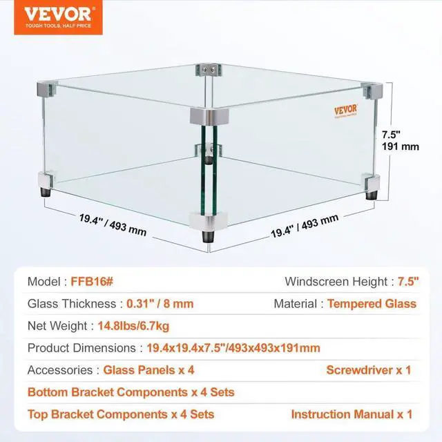 Alt view image 7 of 7 - VEVOR Gas Fire Pit Wind Guard for Square Fire Table, 19 x 19 x 7.5 inch Clear Tempered Wind Guard for Firepits, 0.31 inch Thick Square Glass Shield, Glass Panel with Hard Corner Bracket & Feet