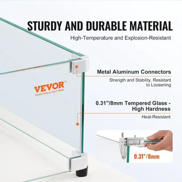Alt view image 3 of 7 - VEVOR Glass Wind Guard for Rectangular Fire Pit Table 31 x 12.5 x 6.5 Inch, 0.31 inch Thick and Sturdy Tempered Glass Panel with Hard Aluminum Corner Bracket & Rubber Feet, Easy to Assemble