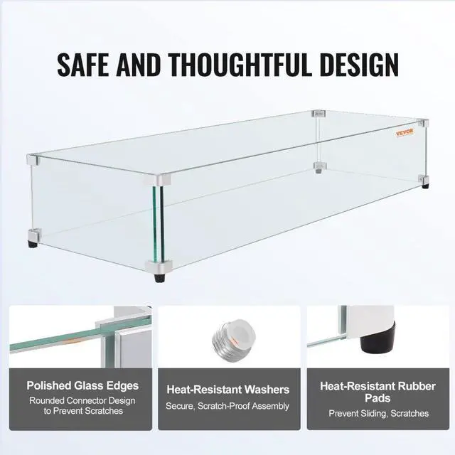 Alt view image 5 of 7 - VEVOR Glass Wind Guard for Rectangular Fire Pit Table 31 x 12.5 x 6.5 Inch, 0.31 inch Thick and Sturdy Tempered Glass Panel with Hard Aluminum Corner Bracket & Rubber Feet, Easy to Assemble