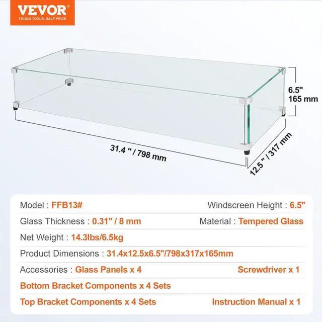 Alt view image 7 of 7 - VEVOR Glass Wind Guard for Rectangular Fire Pit Table 31 x 12.5 x 6.5 Inch, 0.31 inch Thick and Sturdy Tempered Glass Panel with Hard Aluminum Corner Bracket & Rubber Feet, Easy to Assemble