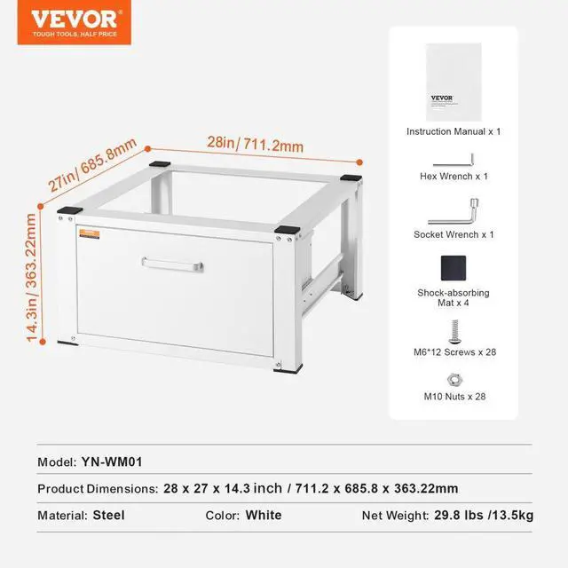 Alt view image 8 of 8 - Vevor Laundry Pedestal 27" Wide 14.4" Height, Washer And Dryer Base Stand Platform Universal Fit 660Lbs Capacity, Heavy Duty Multi-Functional Base For Washing Machine With Drawer & Rich Accessories