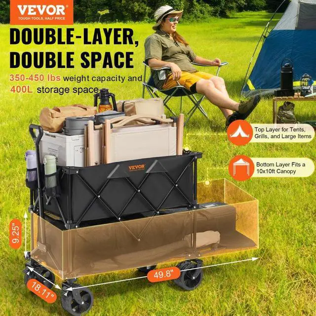Alt view image 2 of 7 - VEVOR Foldable Double Decker Wagon, 400L Collapsible Wagon Cart with All-Terrain Wheels, Heavy Duty Folding Wagon Cart 350 lbs Weight Capacity for Camping, Shopping, Garden, 52" Extra Long Extender