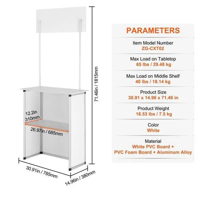 Alt view image 7 of 14 - VEVOR Promotion Counter Table, Portable Tradeshow Podium Table, 30.91" x 14.96" x 71.46", Display Exhibition Counter Stand Booth Fair with Wall, Pop Up Podium with Storage Rack/Carrying Bag