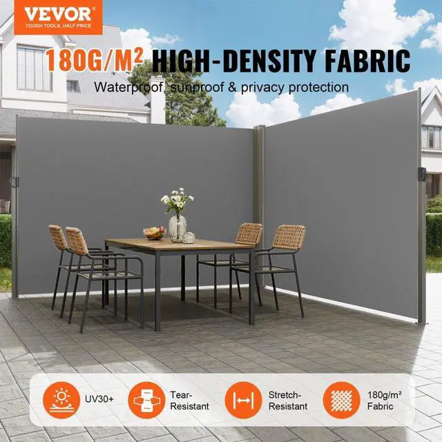 Alt view image 2 of 7 - VEVOR Retractable Side Awning, 79''x 236'' Outdoor Privacy Screen, 180g Polyester Water-proof Retractable Patio Screen, UV 30+ Room Divider Wind Screen for Patio, Backyard, Balcony, Gray
