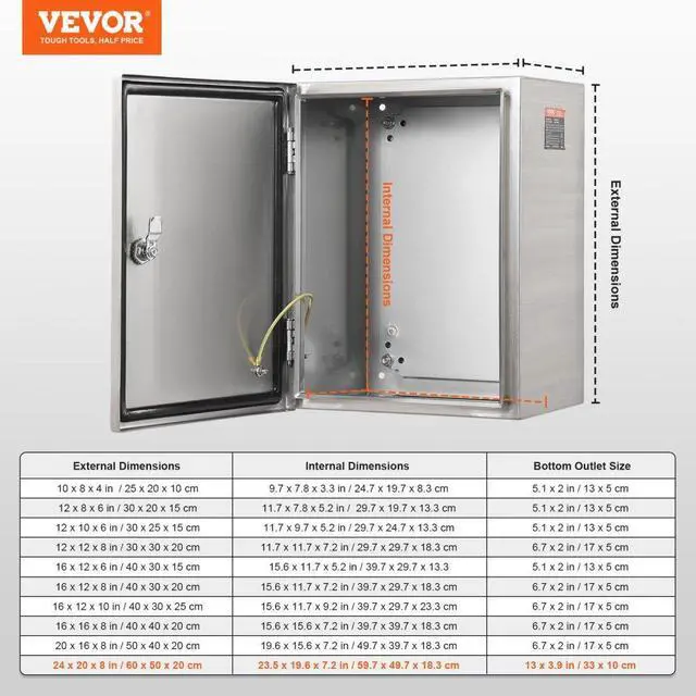 Alt view image 7 of 14 - VEVOR Steel Electrical Box, 24"x 20"x 8", 304 Stainless Steel Electrical Enclosure Box, Wall-Mounted Outdoor Electrical Electronic Equipment Enclosure with Mounting Plate Hinges Lock, IP66 Waterproof