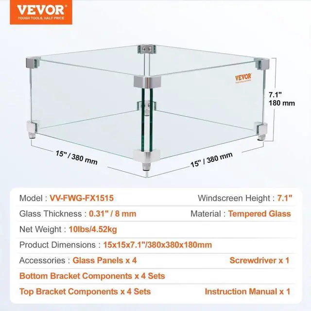 Alt view image 7 of 7 - VEVOR Gas Fire Pit Wind Guard for Square Fire Table, 15 x 15 x 7 inch Clear Tempered Wind Guard for Firepits, 0.31 inch Thick Square Glass Shield, Glass Panel with Hard Corner Bracket & Feet